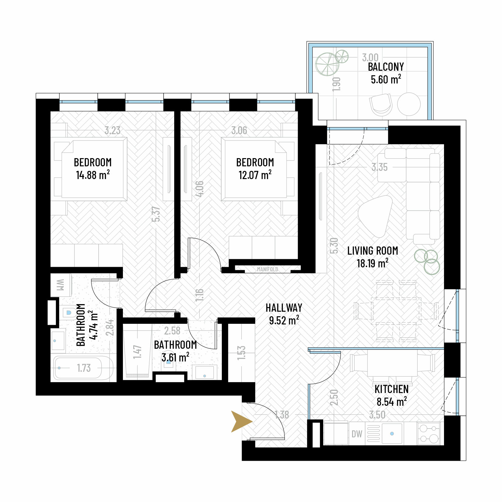 3 Room Apartment Type 14 - B2 - Drumul Taberei Residence - Apartments for Sale in Bucharest - Total Usable Area - 77.15 sqm