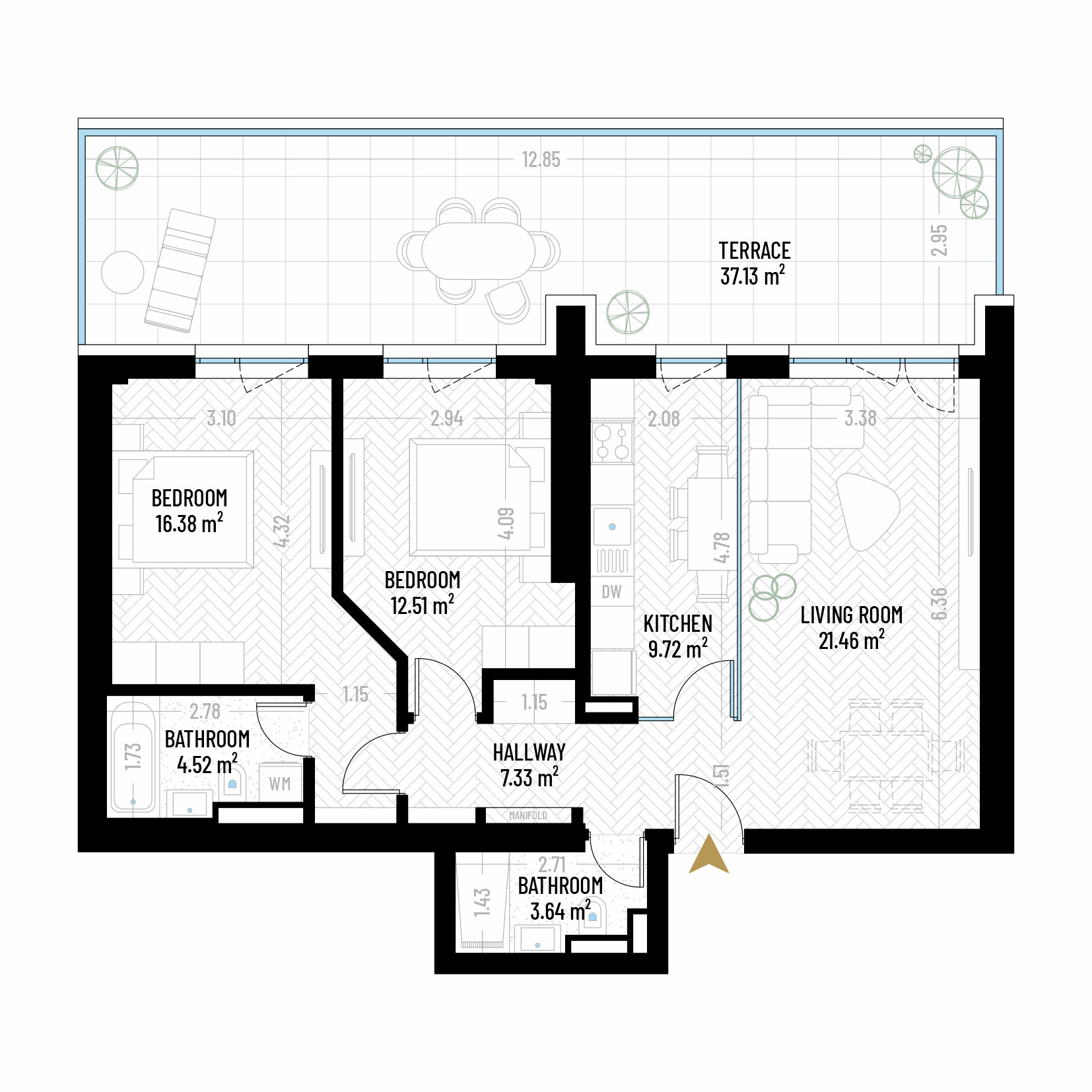 3 Room Apartment Type 2 - B1E2 - Drumul Taberei Residence - Apartments for Sale in Bucharest - Total Usable Area - 112.69 sqm